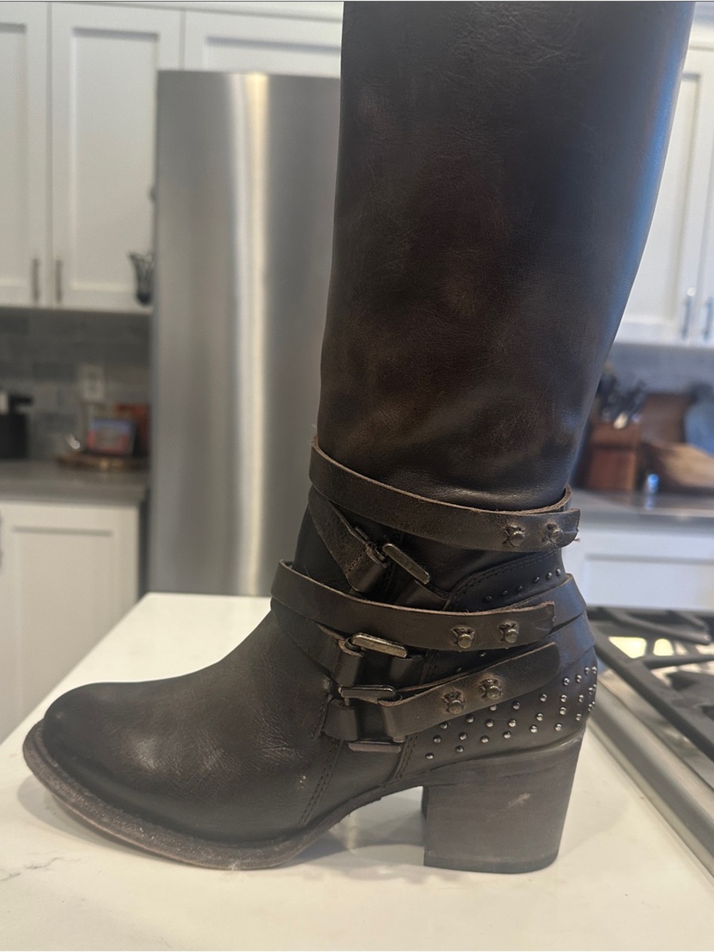 freebird Black Leather Harness Mid-Calf Boots